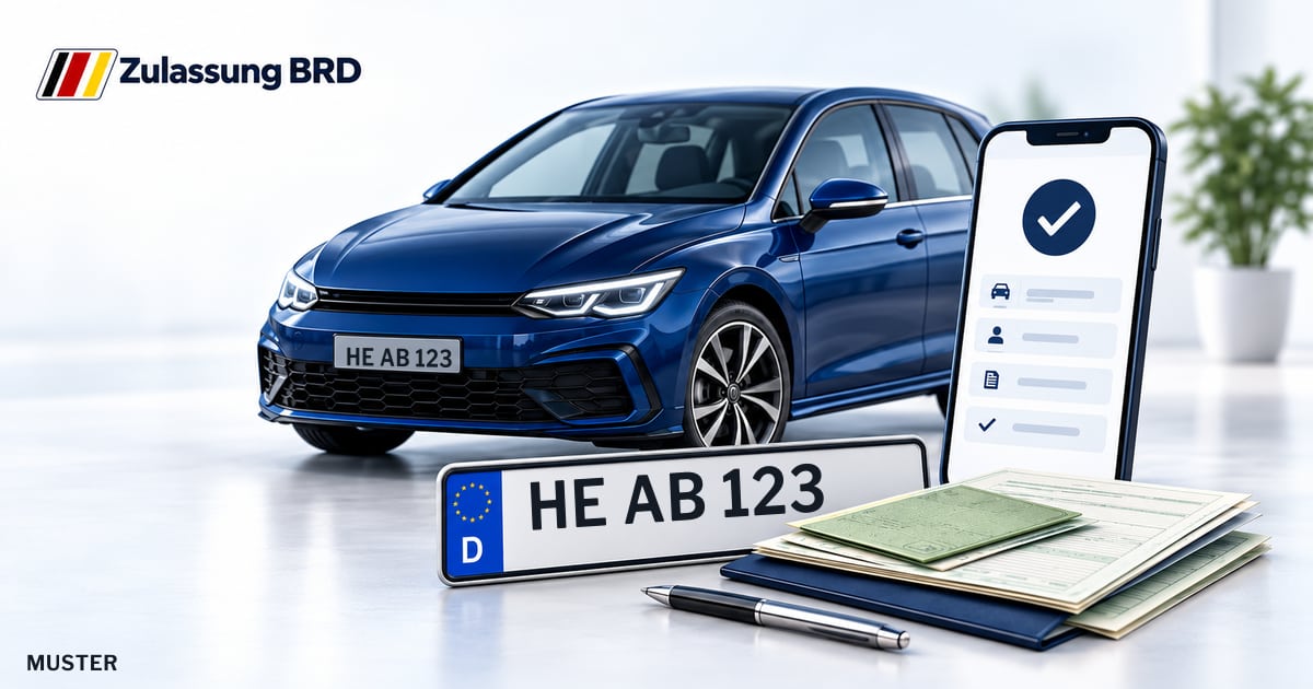Online Fahrzeugzulassung in Königslutter am Elm: Musterkennzeichen HE AB 123, Auto und Fahrzeugpapiere und Smartphone. Illustration mit Logo von Zulassung BRD.